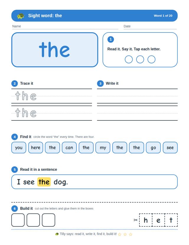 Free sample page from Sight Words Set 1