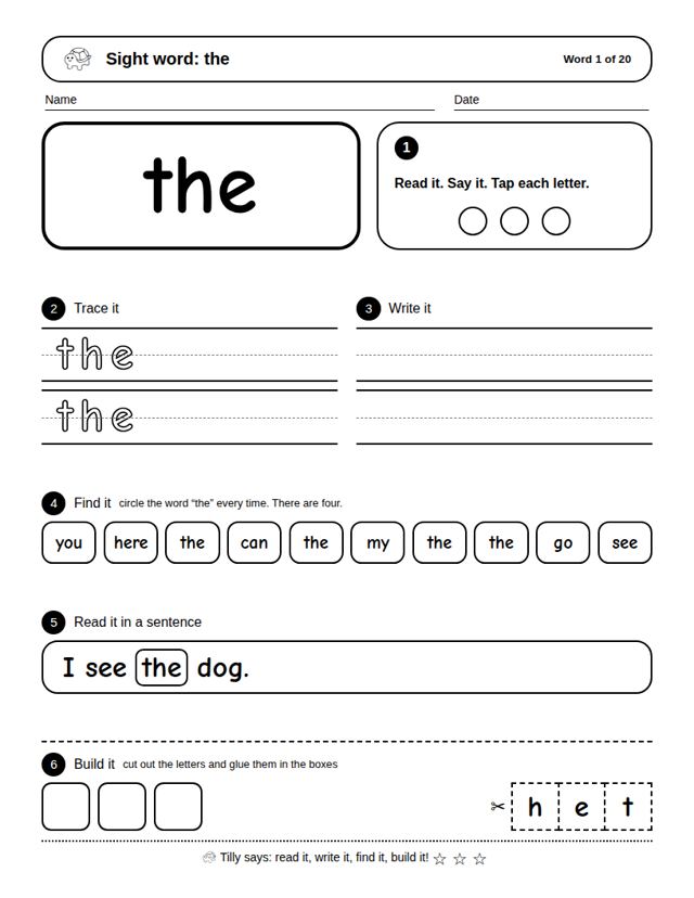 Sight Words Set 1: sample page 4