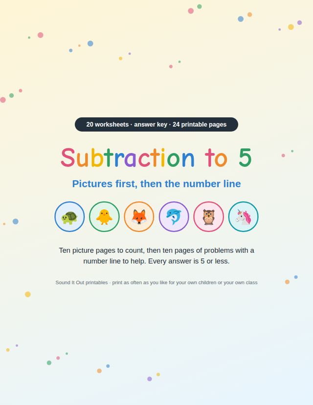 Subtraction to 5: sample page 1