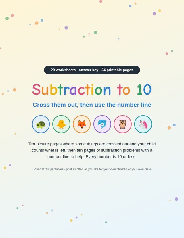 Subtraction to 10: sample page 1