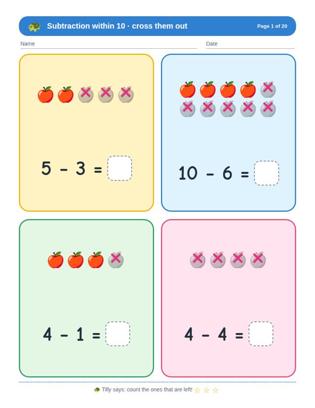 Free sample page from Subtraction to 10