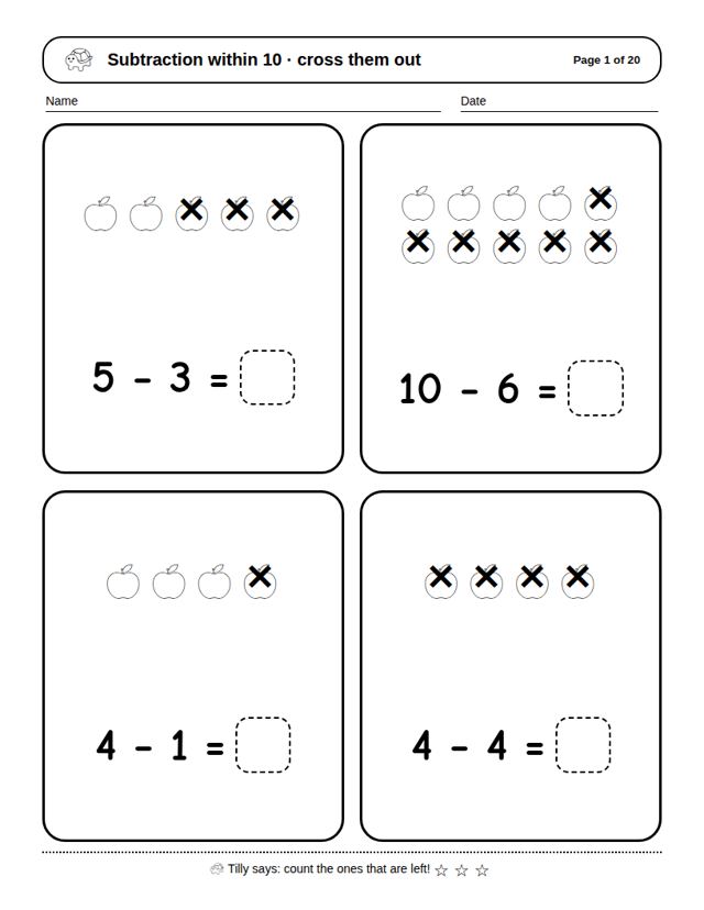Subtraction to 10: sample page 4